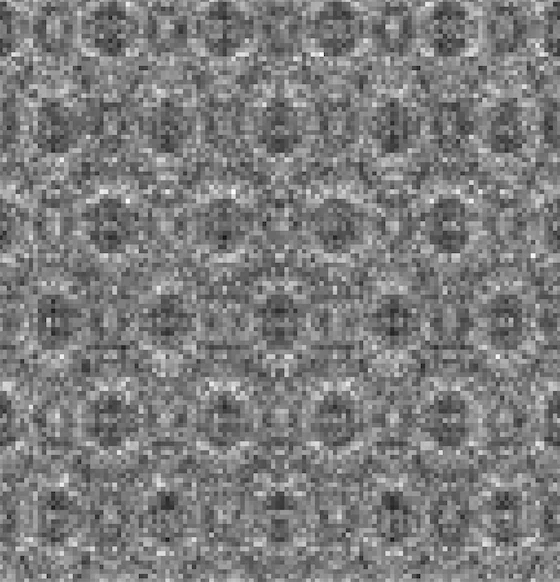 Quantum-circuit simulation of a phase-contrast CTEM image of a crystalline specimen, computed with QuScope: a lattice of dark atomic-column contrast in grey speckle
